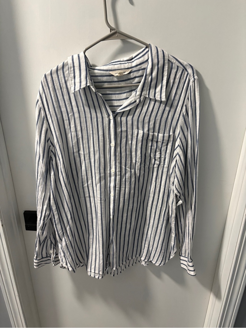 Lucky Brand White Button-Down Shirt with Navy Vertical Stripes